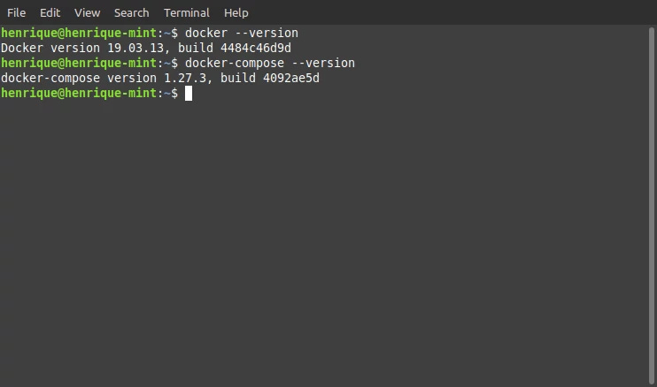 Docker and Docker Compose versions installed on my machine.