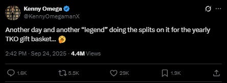 Kenny Omega subtweet referencing a legend and a TKO gift basket