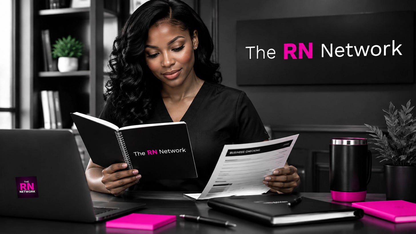 A nurse in neutral scrubs reviewing a cash-flow notebook and separate business banking materials A nurse in neutral scrubs reviewing a cash-flow notebook and separate business banking materials