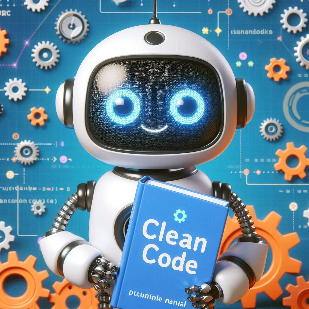 Robô simpático com manual de código limpo
Um robozinho segurando um livro com o título "Clean Code" ou "Boas Práticas", com engrenagens organizadas ao redor.