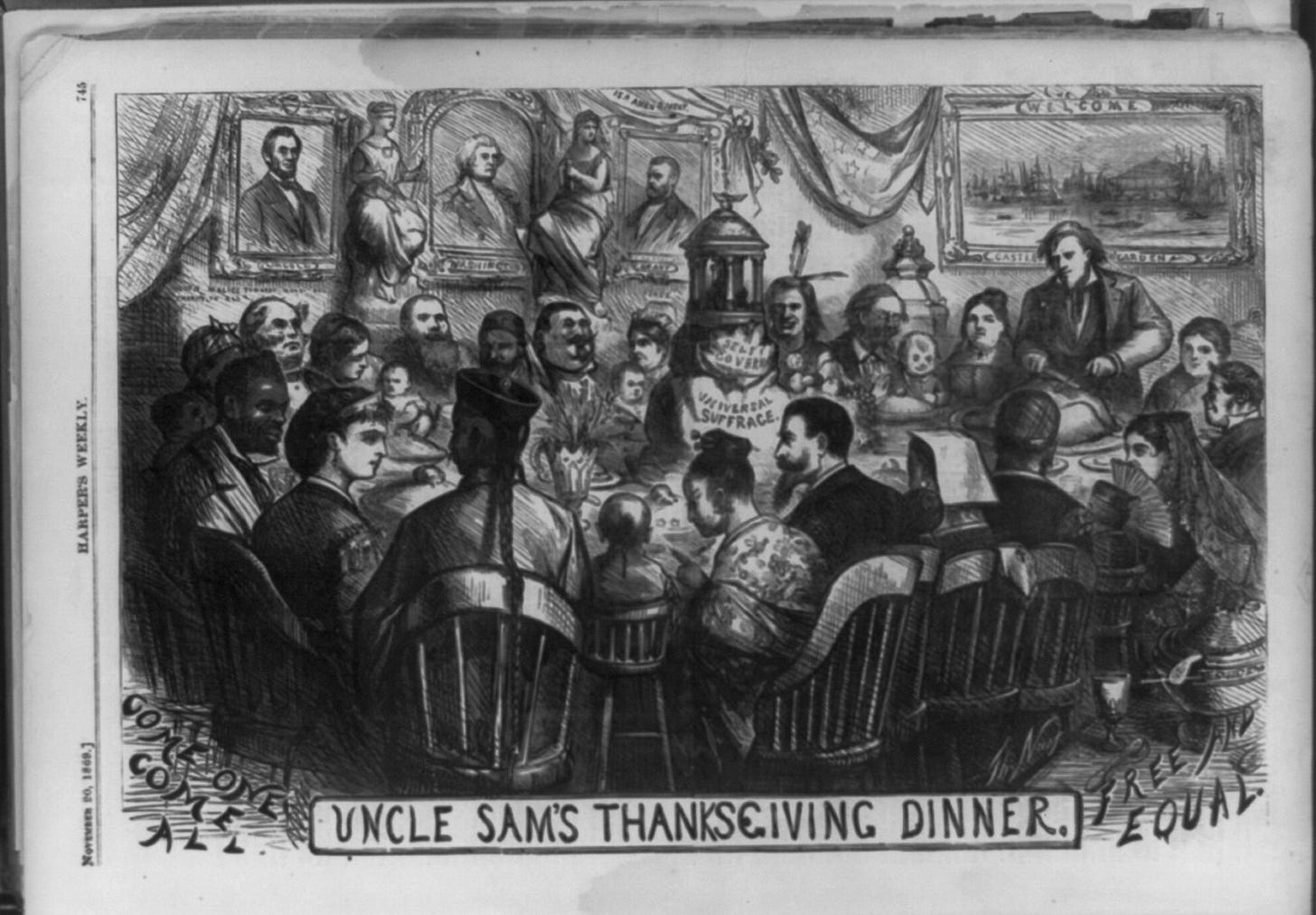 A black-and-white engraving of a long holiday table; Uncle Sam stands at the head carving a turkey while men and women of many origins sit side by side, under framed portraits on the wall.