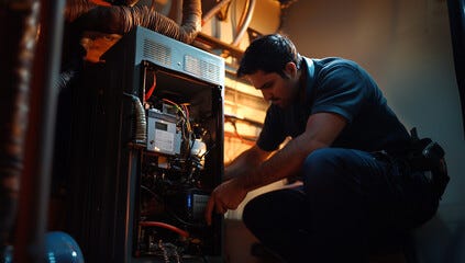 Heating Technician Inspecting Furnace in a Home Heating Technician Inspecting Furnace in a Home