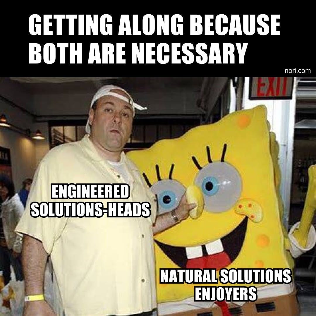 Text: "Getting along because both are necessary." Photo of James Gandolfini with his arm around a SpongeBob mascot. He is labelled "Engineered solutions-heads", SpongeBob "Natural solutions enjoyers".