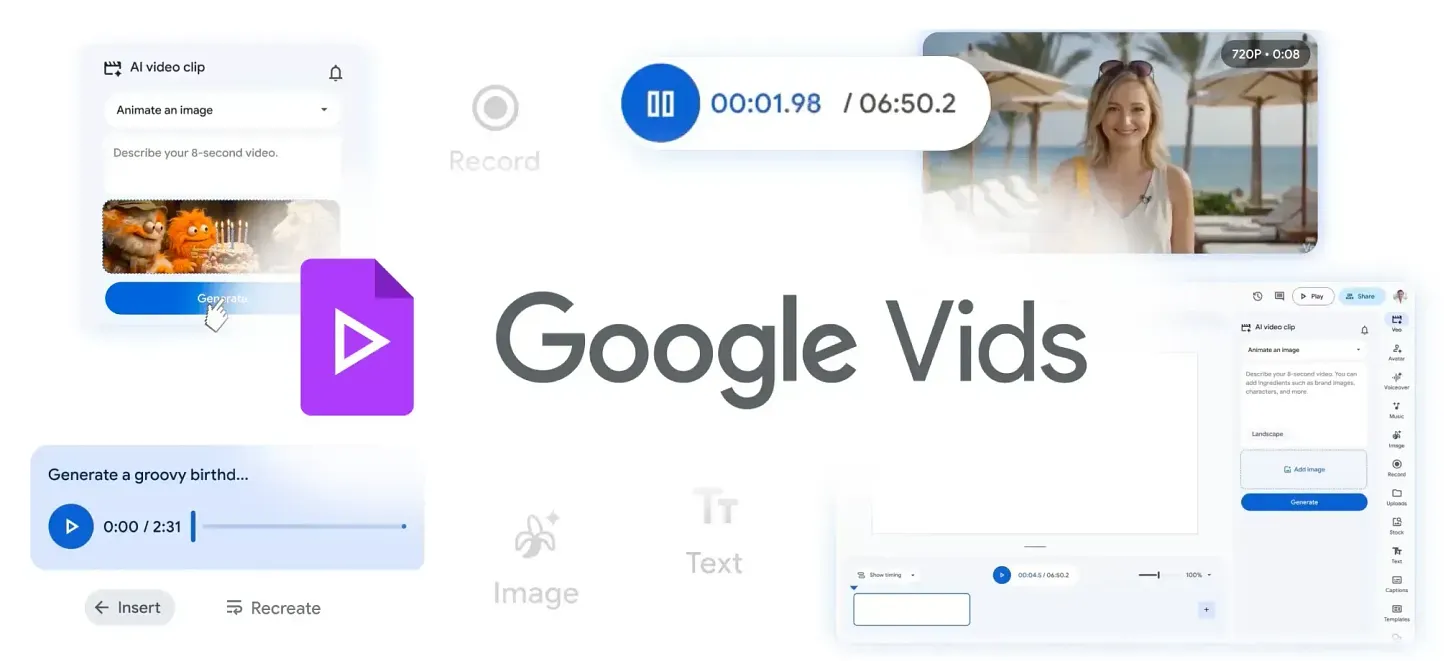 Captura de Google Vids generando un vídeo con música y avatares directamente con IA