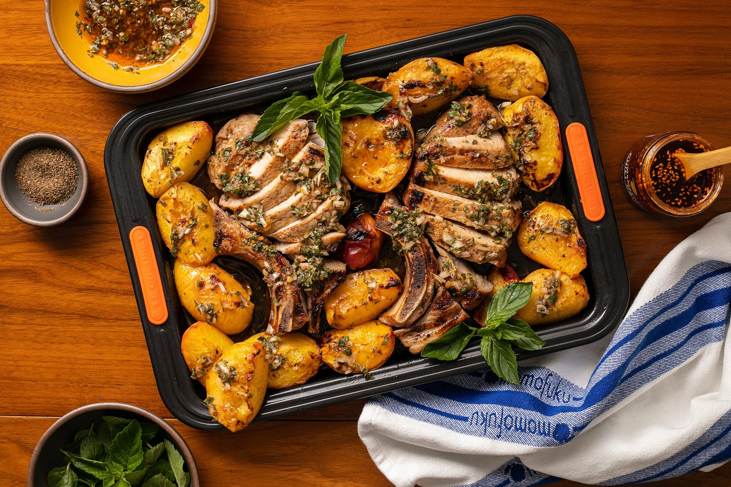 Charred Pork Chops & Peaches with Spicy Mint Sauce – Momofuku Goods