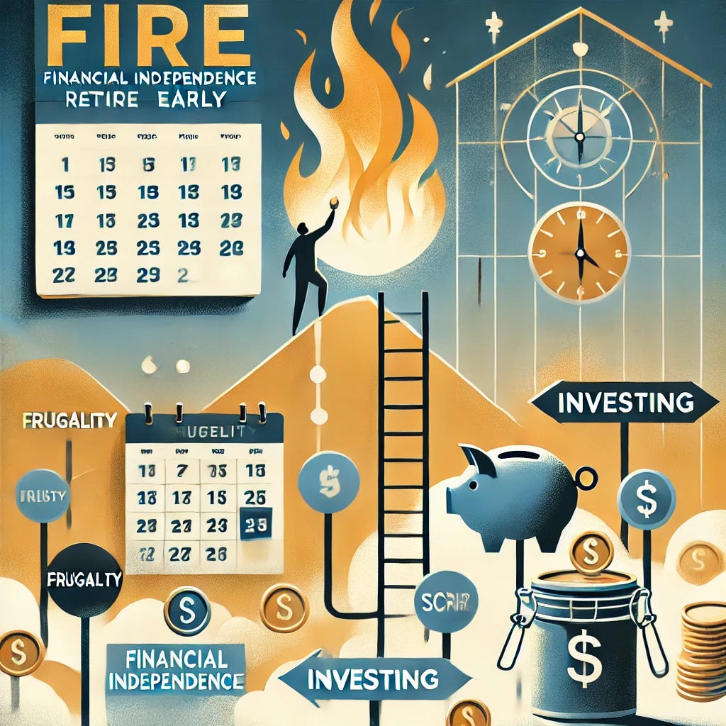 A professional and thought-provoking illustration representing the concept of FIRE (Financial Independence, Retire Early) with a balanced view of its challenges and rewards. One image features a burning flame symbolizing ambition and financial independence, set against a background of a calendar and savings jar. The second image depicts a person on a ladder reaching toward a distant glowing flame, with pathways labeled 'Frugality,' 'Investing,' and 'Sacrifice,' emphasizing the journey and trade-offs. Use a clean, modern design with a palette of golds, blues, and neutral tones to evoke clarity and aspiration.
