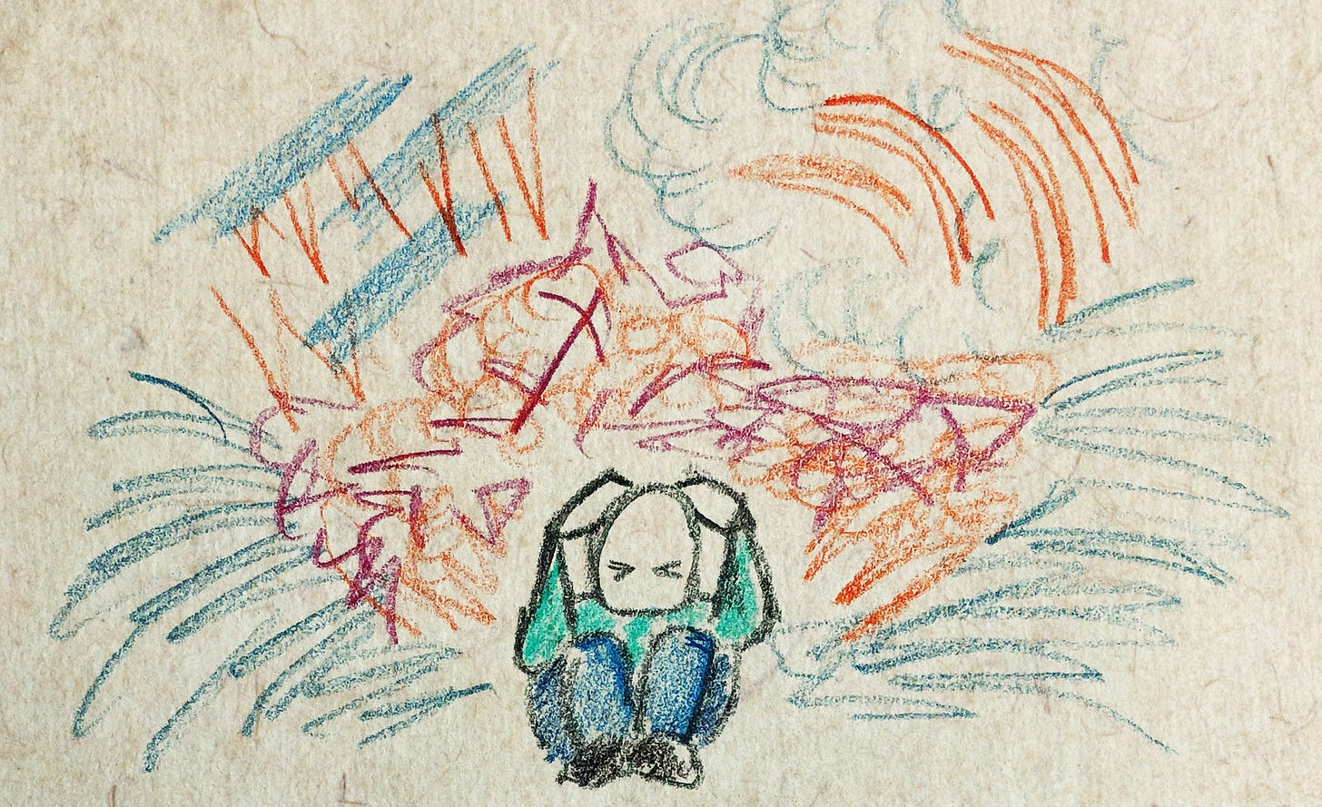 A sketch done in pencil crayon of a figure seated on the ground with their hands over their head as an array of chaotic squiggles and lines overwhelm them. A sketch done in pencil crayon of a figure seated on the ground with their hands over their head as an array of chaotic squiggles and lines overwhelm them.