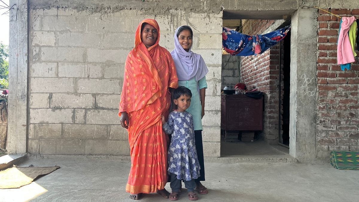 Nargiz, her mother Santara Khatoon and her sister, stand in front of their house. | Nootan Sharma | ThePrint Nargiz, her mother Santara Khatoon and her sister, stand in front of their house. | Nootan Sharma | ThePrint