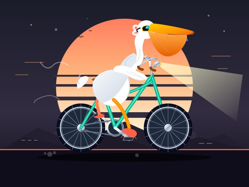Black background, bats in the sky against a stylized moon. Pelican is funky looking. Very good beak. Bicycle frame is a bit twisted, and the bar from pedals to back wheel is missing. Bike lamp illuminates the road in front. Quite stylish. Black background, bats in the sky against a stylized moon. Pelican is funky looking. Very good beak. Bicycle frame is a bit twisted, and the bar from pedals to back wheel is missing. Bike lamp illuminates the road in front. Quite stylish.