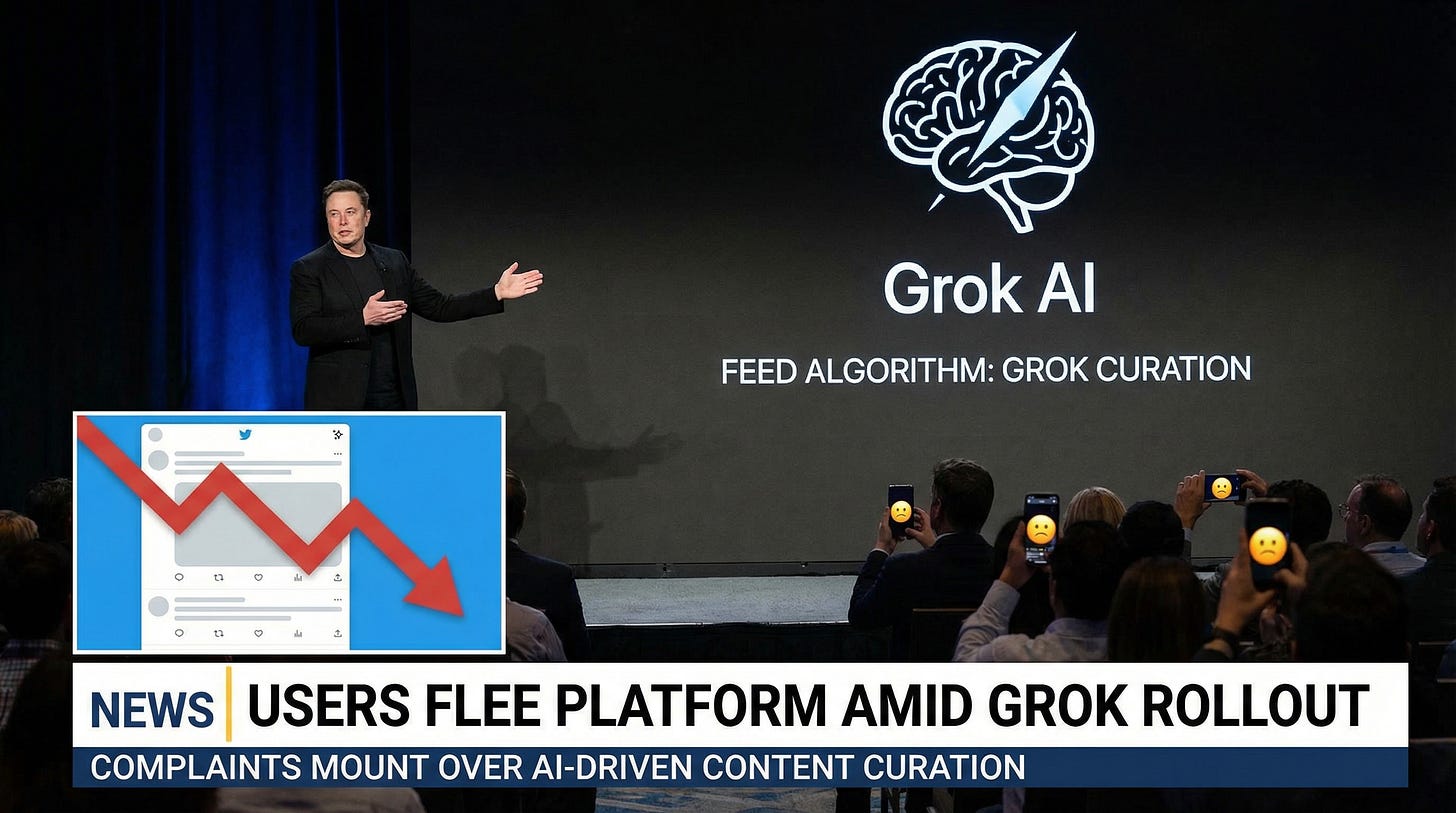 AI-generated illustration of Elon Musk announcing Grok AI taking over X's social media feeds with a downward trending arrow, symbolizing a growing dissatisfaction with the X platform among many users.