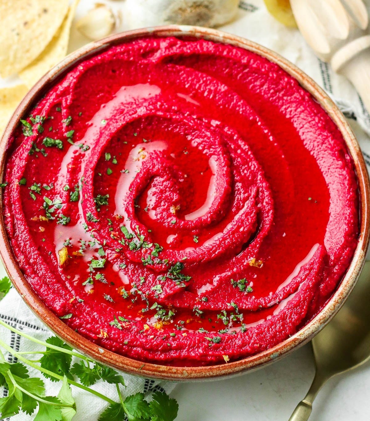beetroot hummus in a bowl.