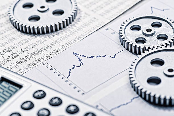 Development of the economy Chart with graph, three gears and calculator trading cycles stock pictures, royalty-free photos & images