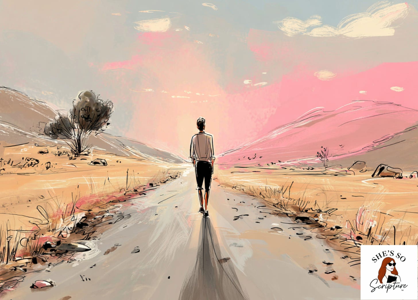 A solitary figure walking along a dusty ancient road through an arid landscape at golden hour with a long shadow behind them