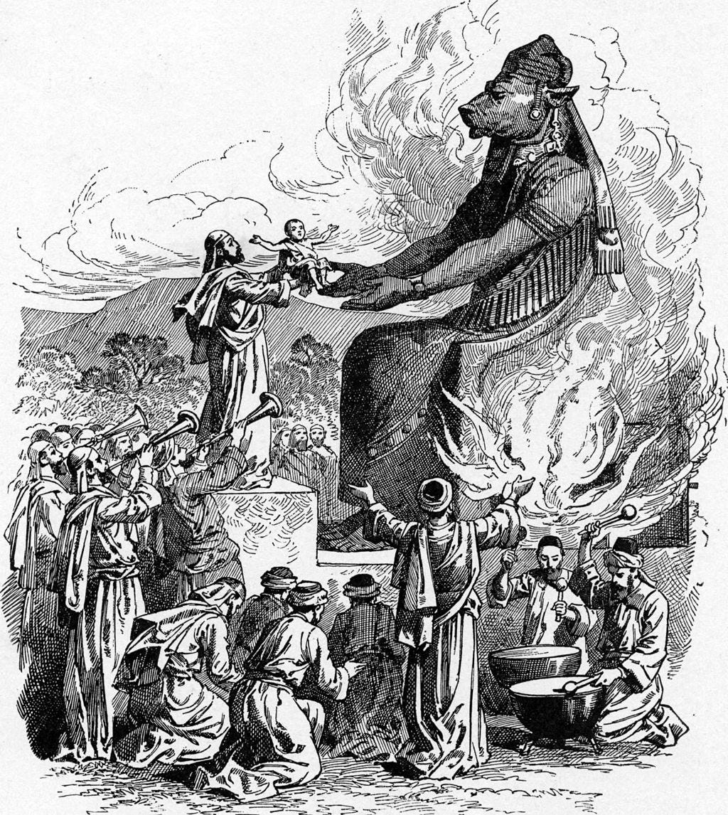 A black and white image showing a man offering an infant in sacrifice to the god, Moloch.