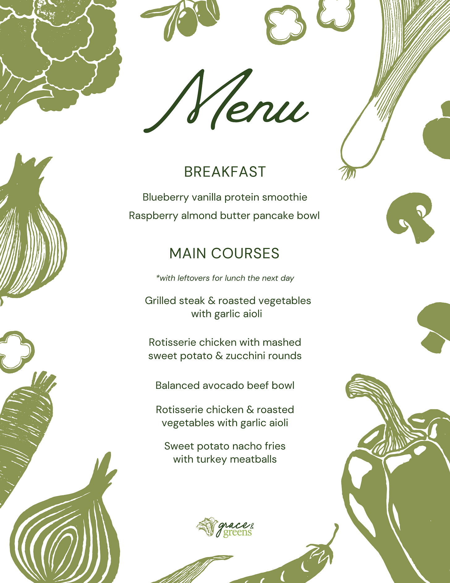 weekly menu with healthy and easy recipes including a protein smoothie, a protein pancake bowl, grilled steak, rotisserie chicken meals, beef bowls, and more