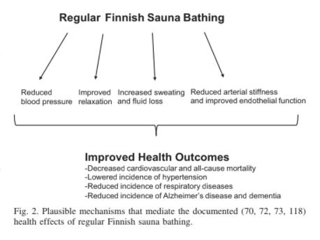 Diagram showing the improved health outcomes of regular Finnish sauna bathing, including decreased all-cause mortality Diagram showing the improved health outcomes of regular Finnish sauna bathing, including decreased all-cause mortality