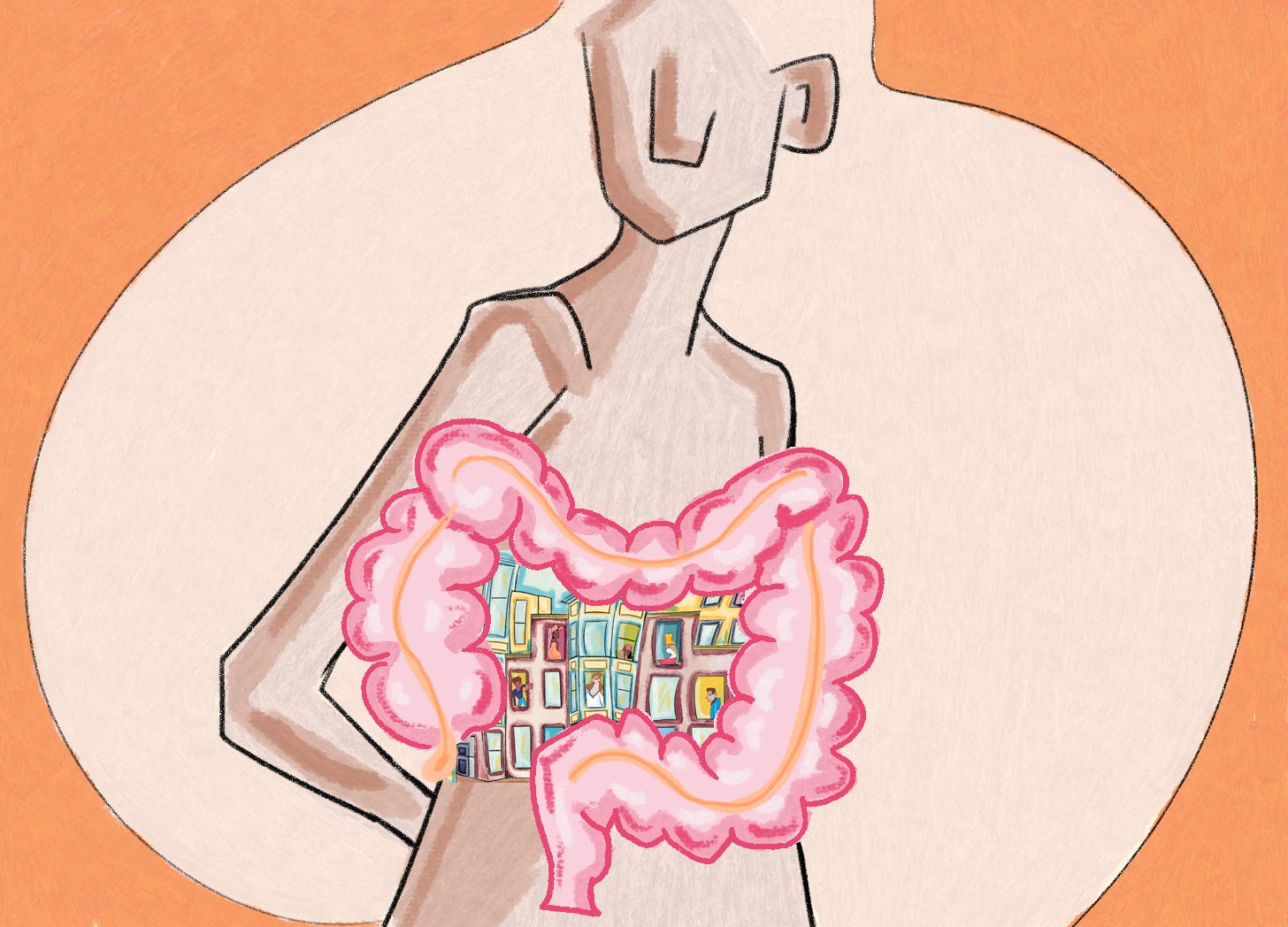 Illustration of a human torso with the large intestine prominently displayed. Inside the outline of the colon is a colorful city scene filled with apartment buildings and people looking out of windows, symbolizing the gut microbiome as a diverse community of microorganisms living within the digestive tract. The image conveys that the gut contains a complex ecosystem that plays an important role in human health.