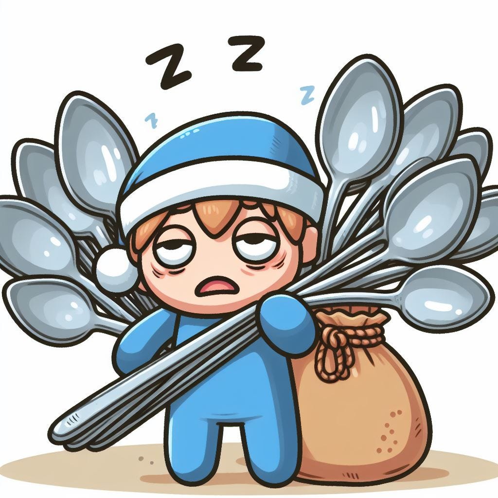 A sleepy person, holding a bunch of spoons
