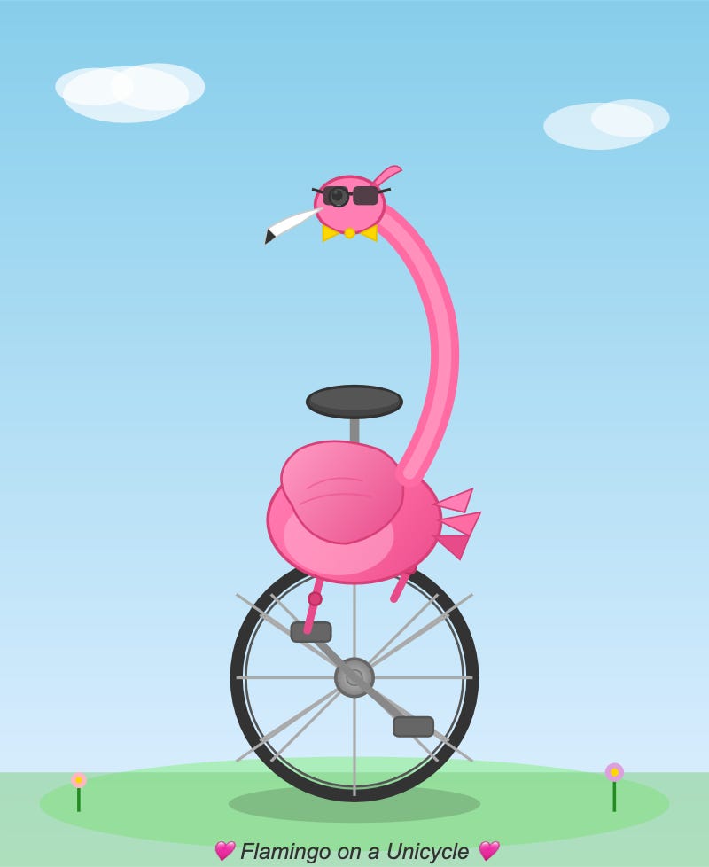 The unicycle spokes are a too long. The pelican has sunglasses, a bowtie and appears to be smoking a cigarette. It has two heart emoji surrounding the caption Flamingo on a Unicycle. It has a lot of charisma. The unicycle spokes are a too long. The pelican has sunglasses, a bowtie and appears to be smoking a cigarette. It has two heart emoji surrounding the caption Flamingo on a Unicycle. It has a lot of charisma.
