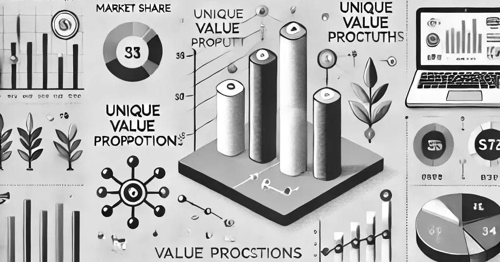 A professional, clean, and visually appealing graphic illustrating a comparison of a startup with its industry peers. The graphic should include key metrics like market share, unique value propositions, revenue growth, and other relevant industry-specific performance indicators. The comparison should be easy to read and visually structured with side-by-side bar charts or tables, with icons representing different tech sectors like AI, biotech, clean energy, etc. The style should be modern and business-oriented, suitable for a newsletter targeted at retail investors.