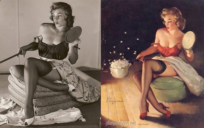 Witness the transformation from candid photo to Gil Elvgren masterpiece. This model's delightful surprise while making popcorn inspired his iconic 'Eye Popper' pin-up. Witness the transformation from candid photo to Gil Elvgren masterpiece. This model's delightful surprise while making popcorn inspired his iconic 'Eye Popper' pin-up.