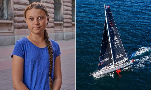 Greta Thunberg in a blue T-shirt on the left, her sailboat on the right Greta Thunberg in a blue T-shirt on the left, her sailboat on the right