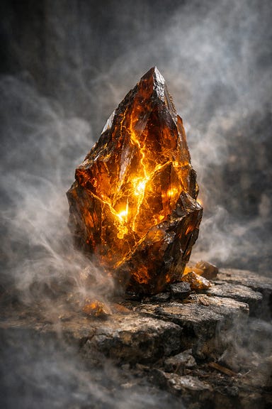 Scorilo’s amber shard, jagged crystal pulsing with inner golden light amid Barovian mist