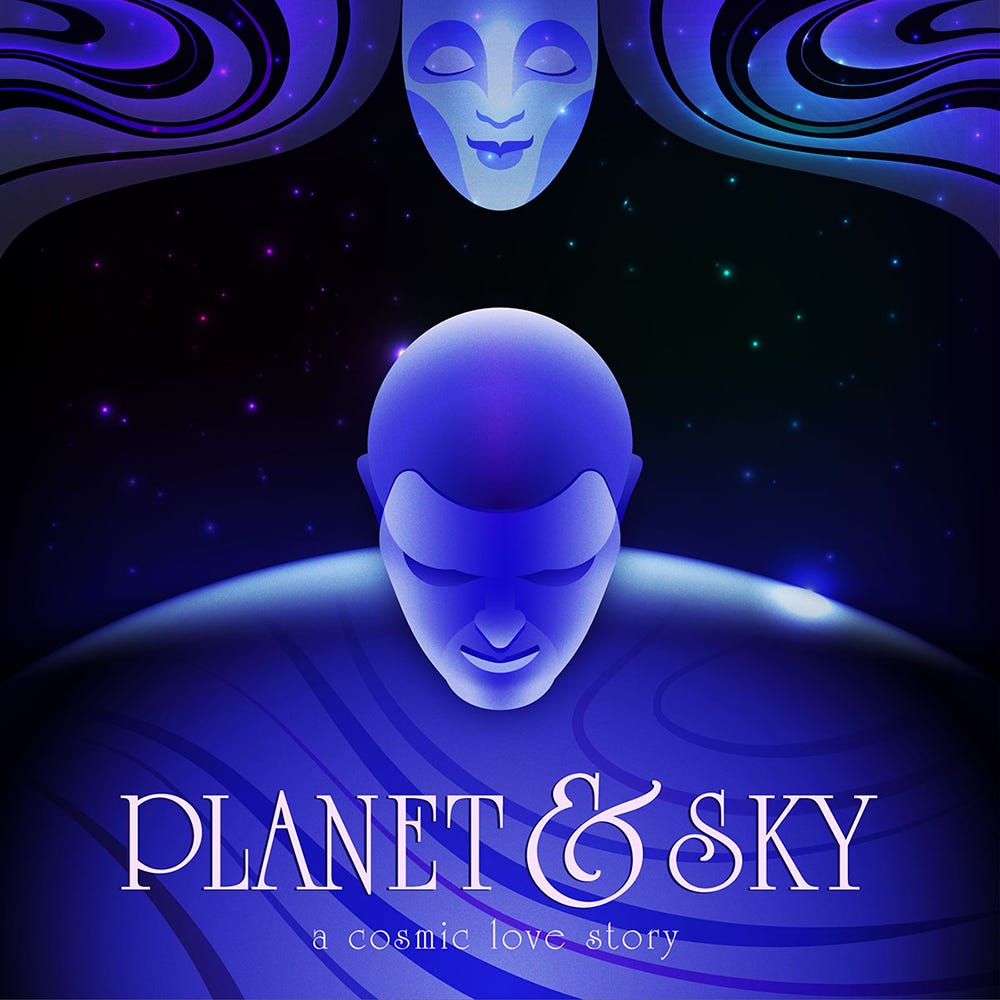 Illustrated album cover for Planet & Sky: A Cosmic Love Story — a luminous blue face with closed eyes floats above a bowed humanoid head resting on a glowing planet, set against a star-filled cosmic background with swirling patterns framing the top corners. Illustrated album cover for Planet & Sky: A Cosmic Love Story — a luminous blue face with closed eyes floats above a bowed humanoid head resting on a glowing planet, set against a star-filled cosmic background with swirling patterns framing the top corners.