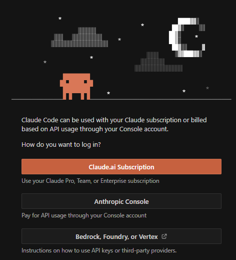 Claude Code login screen showing subscription and API login options, including Claude.ai subscription, Anthropic Console, and third-party providers for MCP access