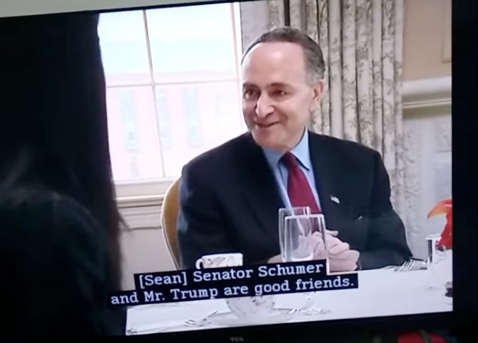 Chuck Schumer on The Apprentice with the caption "[Sean] Senator Schumer and Mr. Trump are good friends."