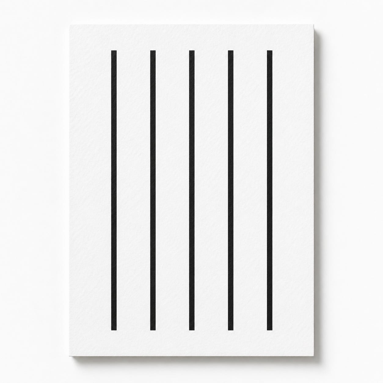 A square, minimalist studio photograph of a crisp white sheet of paper centred on a white background, with five evenly spaced vertical black lines printed on it like prison bars. The paper casts a subtle shadow, giving the otherwise restrained image slight depth.