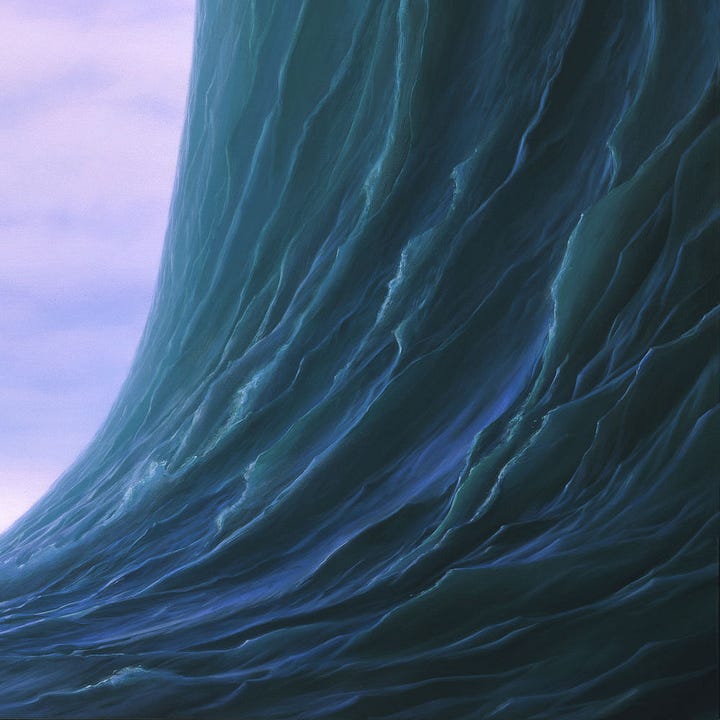 LEFT: Detail from WAVE featuring the flat part of the curve. Light breaks through the clouds just above the horizon providing an even glare across the rippling surface of water. RIGHT: Detail from WAVE featuring exponential climb of the wave as it quickly reaches vertical. Fin-like ridges emerge running up the wall giving the water turbulence and dimension.