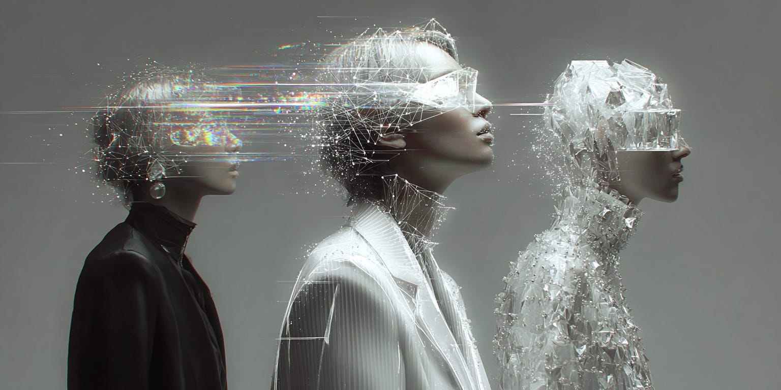 Three human figures progressing from organic to digitally augmented forms, with fragmented visual elements representing the psychological and creative shift caused by generative AI and invisible collaboration.