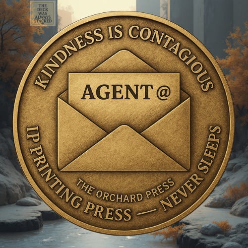 Bronze coin stamped with the message ‘Kindness Is Contagious’ and ‘IP Printing Press — Never Sleeps,’ marked Agent@.Illustration of lemon tree, barn, and gavel with text: ‘We don’t grow cults. We grow kindness.