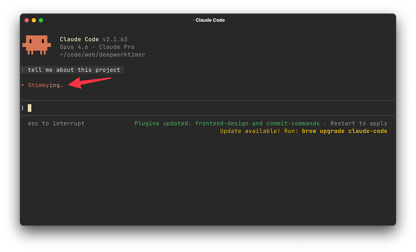 Screenshot of Claude Code with an arrow pointing to a default spinner verb Screenshot of Claude Code with an arrow pointing to a default spinner verb