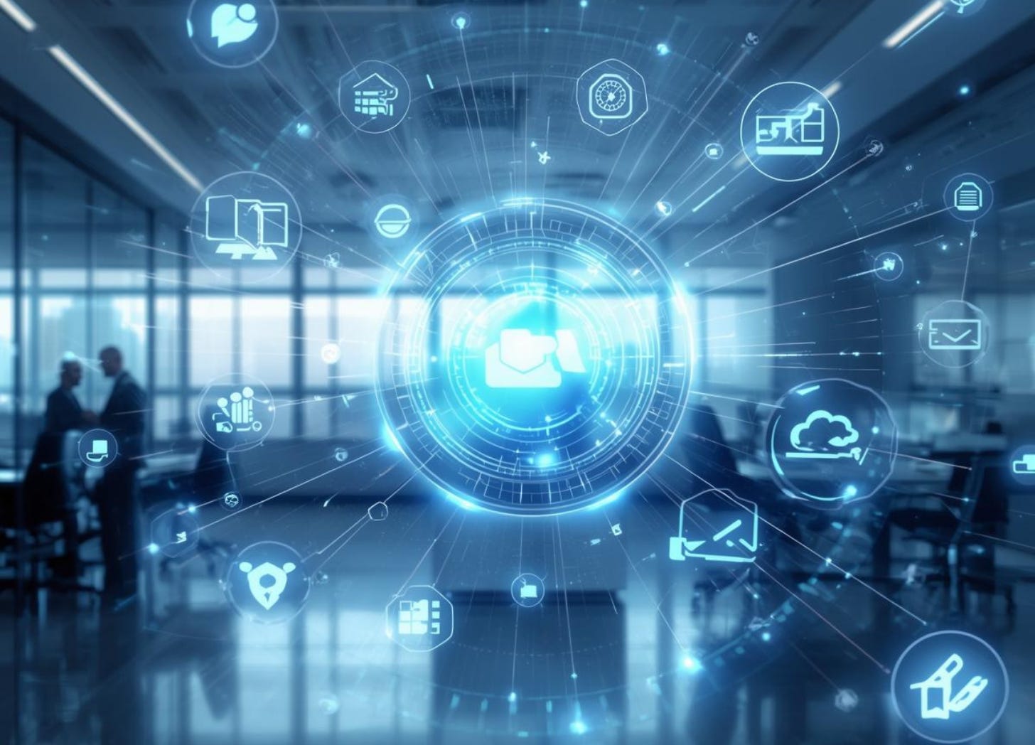 Abstract digital interface showing connected communication icons radiating from a central hub, symbolizing unified messaging, systems alignment, and centralized communication within an organization. Abstract digital interface showing connected communication icons radiating from a central hub, symbolizing unified messaging, systems alignment, and centralized communication within an organization.