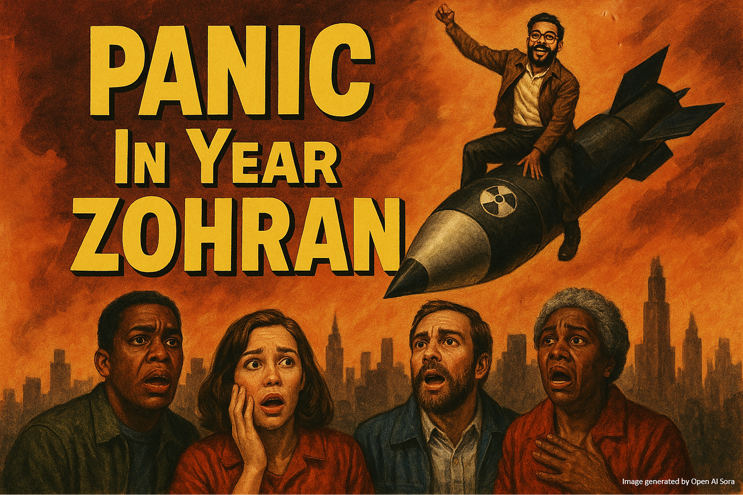 Picture of New York City Mayor-elect Zohran Mamdani writing a nuclear missile toward terrified citizens. Based on a poster for the 1962 movie, "Panic in Year Zero."