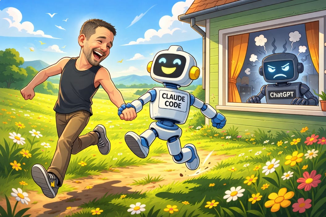 AI-generated illustration of a man running happily through a sunny field alongside a friendly robot labeled "Claude Code," while an angry robot labeled "ChatGPT" watches from a house in the background.