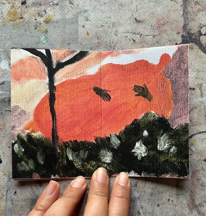 Photos of each page of the Existence Zine showing several oil painting images