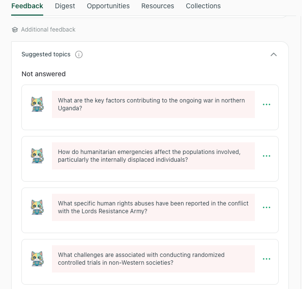 thesify feedback panel showing a list of suggested topics marked as 'Not answered', highlighting missing contextual factors and human rights abuses in a research draft.