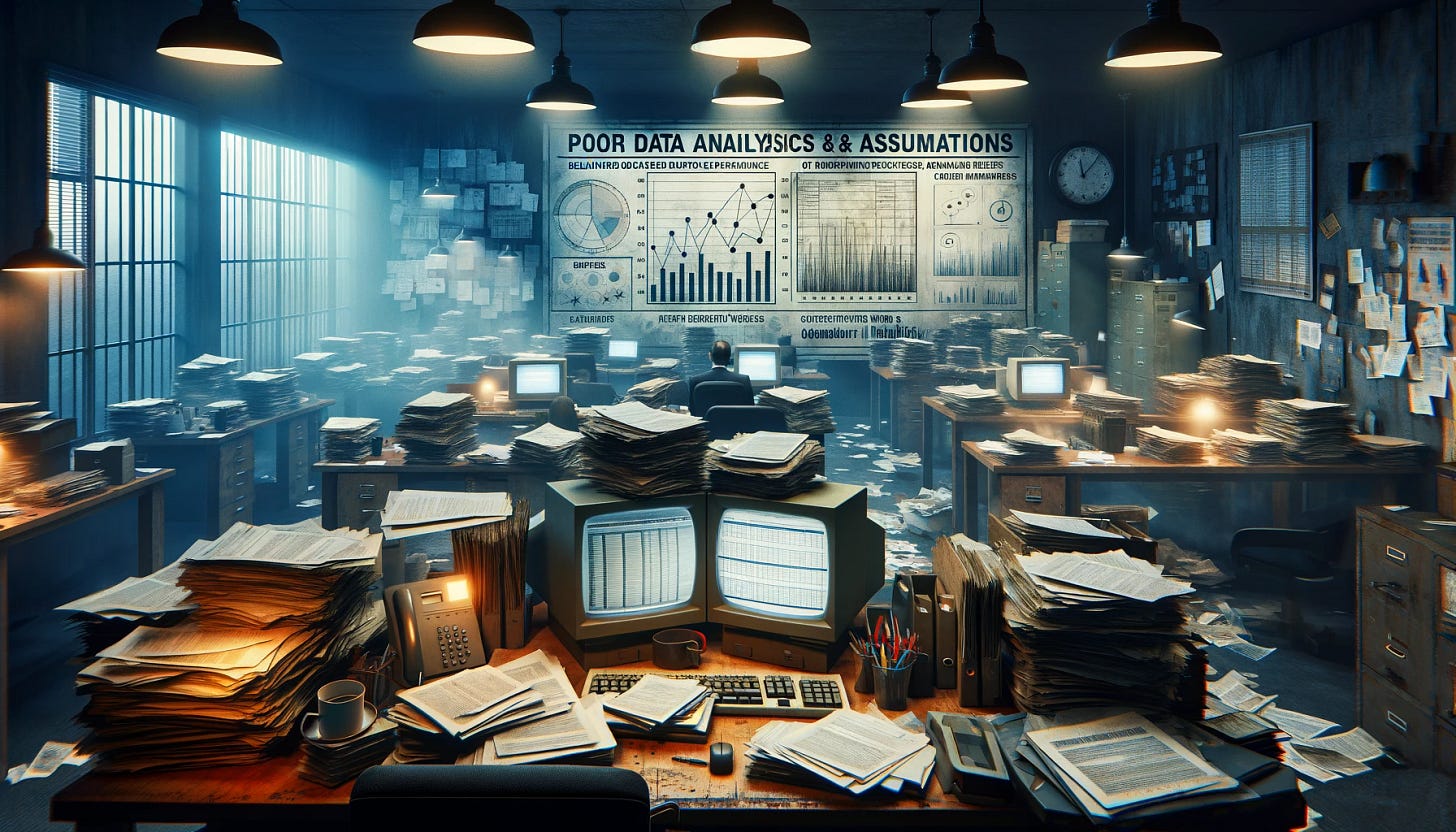 Visualize the concept of poor data analysis in human resources management. The image should depict an outdated office space with cluttered desks, overflowing paperwork, and outdated technology like old computers or fax machines, representing reliance on outdated practices and assumptions. In the background, a dimly lit bulletin board shows vague and unorganized employee performance charts, symbolizing subjective views of employee performance and training needs. The atmosphere should feel chaotic and disorganized, highlighting the negative impact of not utilizing modern data analytics in HR strategy, resulting in a lack of systematic processes and inconsistencies in talent management. Visualize the concept of poor data analysis in human resources management. The image should depict an outdated office space with cluttered desks, overflowing paperwork, and outdated technology like old computers or fax machines, representing reliance on outdated practices and assumptions. In the background, a dimly lit bulletin board shows vague and unorganized employee performance charts, symbolizing subjective views of employee performance and training needs. The atmosphere should feel chaotic and disorganized, highlighting the negative impact of not utilizing modern data analytics in HR strategy, resulting in a lack of systematic processes and inconsistencies in talent management.