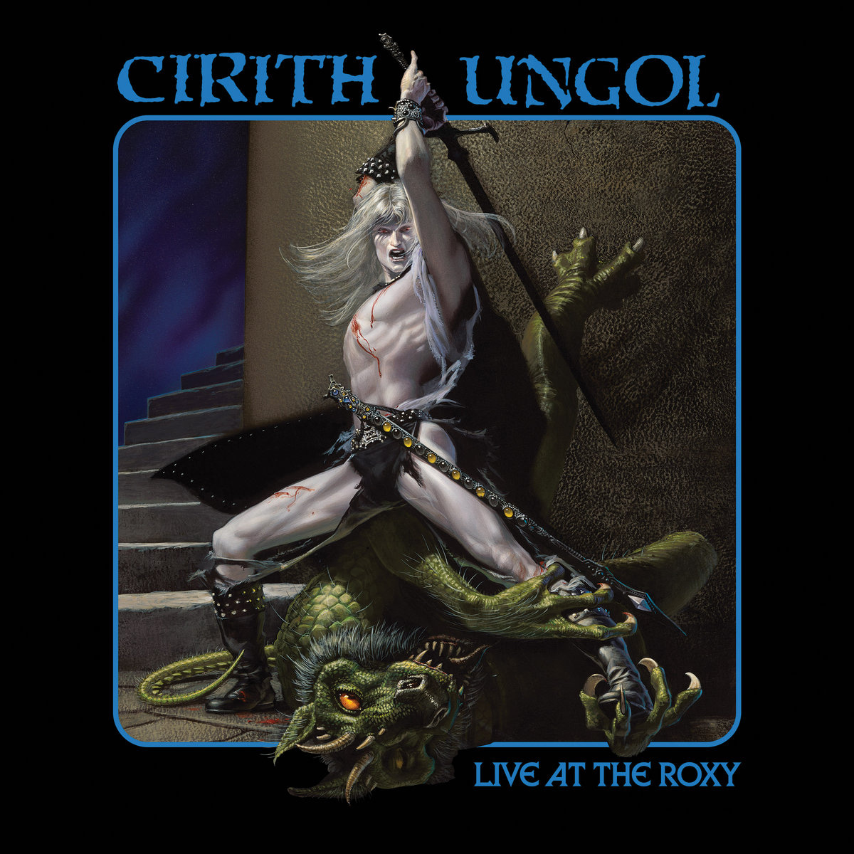 The album cover for Cirith Ungol's Live at the Roxy, which features a painting by Michael Whelan of a sword-wielding, bare chested and bleeding albino (Elric) standing over a green scaled, horned monster grasping at Elric's leg.