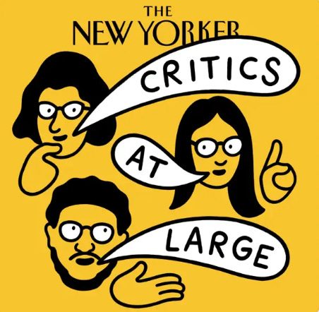 3 photos left to right: Summer squash caponata in a bowl with crostini, a black and white photo of Mary Oliver and her dog, the yellow, black, and white logo for The New Yorker's Critics at Large Podcast