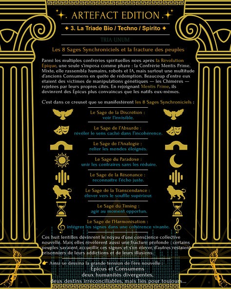 1 — La Triade Bio / Techno / Spirito Premier fragment d’une ancienne mythopoïèse personnelle conçue après Virilis Mentis Prime. La Triade Bio / Techno / Spirito cherchait à penser l’humain à travers trois dimensions en interaction : le vivant, la technique et la vie intérieure. Autour de cette architecture apparaissaient les huit Sages Synchroniciels, chacun incarnant une fonction particulière : discrétion, absurde, analogie, paradoxe, résonance, transcendance, timing et harmonisation. Aucun n’était censé détenir seul la totalité du réel : leur complémentarité formait le principe d’une intelligence collective capable de maintenir plusieurs angles sans les confondre. 2 — Les cinq Centres des Cités Ce fragment transpose les valeurs dans une architecture concrète. La cité s’organise autour de cinq centres fonctionnels : savoir, pluralité spirituelle, culture du corps et de l’épreuve, art et soin. L’idée n’était pas d’imaginer une société parfaite, mais d’explorer une question : quelles fonctions une civilisation décide-t-elle de placer au centre de son organisation ? Ces institutions fictives matérialisaient ainsi différentes dimensions de l’humain et permettaient d’observer comment une société peut orienter les comportements, les apprentissages et les imaginaires par les structures qu’elle rend accessibles. 3 — Le Rituel des huit Héros du Jour Une civilisation ne transmet pas seulement par ses lois ou ses écoles : elle transmet aussi par ce qu’elle choisit de rendre visible et admirable. Dans cette cité fictive, un rituel quotidien mettait en lumière huit figures dont les actions étaient reconnues publiquement. Le dispositif interrogeait l’économie du prestige : qui une société célèbre-t-elle, pour quelles actions, et quels comportements ces modèles rendent-ils ensuite désirables ? Derrière la dimension spectaculaire du rituel se trouvait donc une question plus profonde : une civilisation finit-elle par ressembler à ce qu’elle récompense ? Description générale de la galerie Fragments d’Artefact Edition — Ancien laboratoire de mythopoïèse personnelle lié à l’Épicothérapie. Ces images n’ont jamais été publiées comme une œuvre achevée : elles servaient à mettre en scène des structures, des fonctions, des archétypes et des tensions afin de rendre visibles certaines dynamiques difficiles à saisir uniquement par le texte. Ici, ce n’est pas leur récit d’origine qui importe, mais la méthode de cartographie qu’elles révèlent : définir ce qu’un monde valorise, ce qu’il organise et ce qu’il rend désirable.