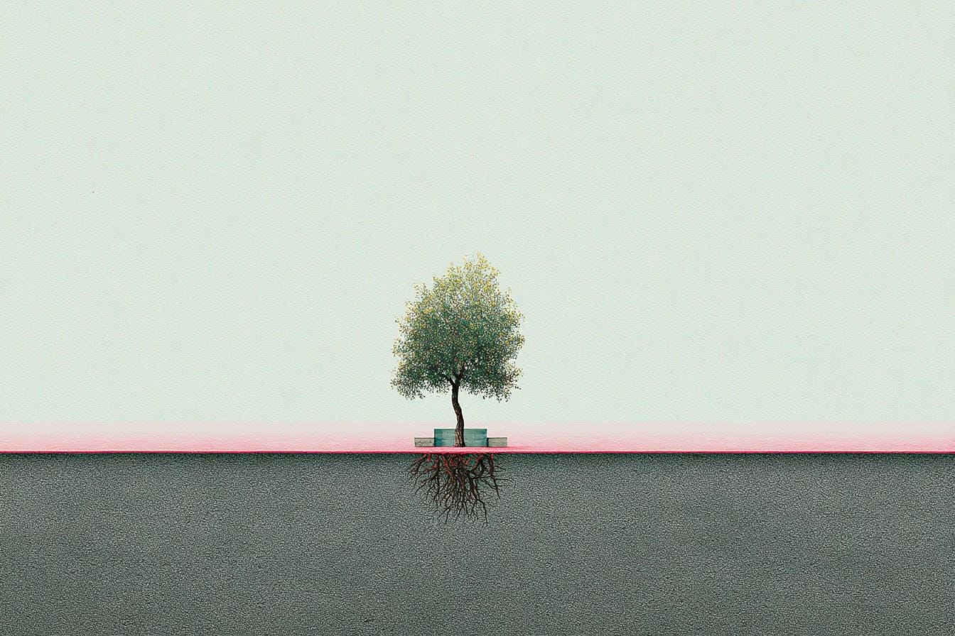 illustratin of a tree with roots embedded in concrete