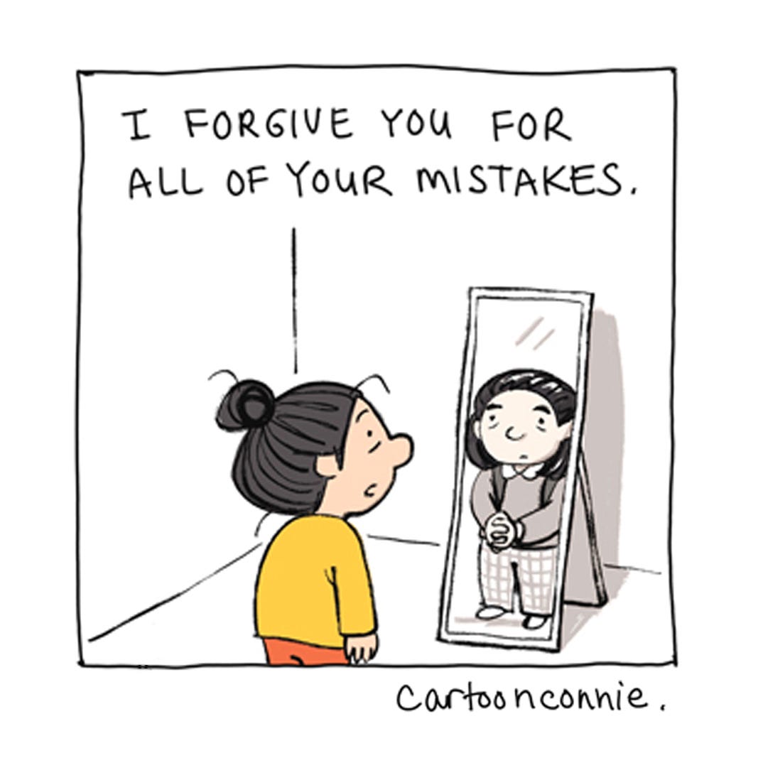 Panel 1 from a 6-panel comic strip about forgiving yourself and loving yourself, titled "A Valentine To My Younger Self." Original art by Connie Sun, cartoonconnie, 2026.