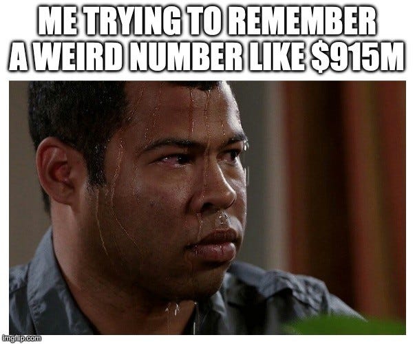Sweating Jordan Peele meme: Jordan Peele stares sideways with sweat running down his face. Top text: "ME TRYING TO REMEMBER A WEIRD NUMBER LIKE $915M"