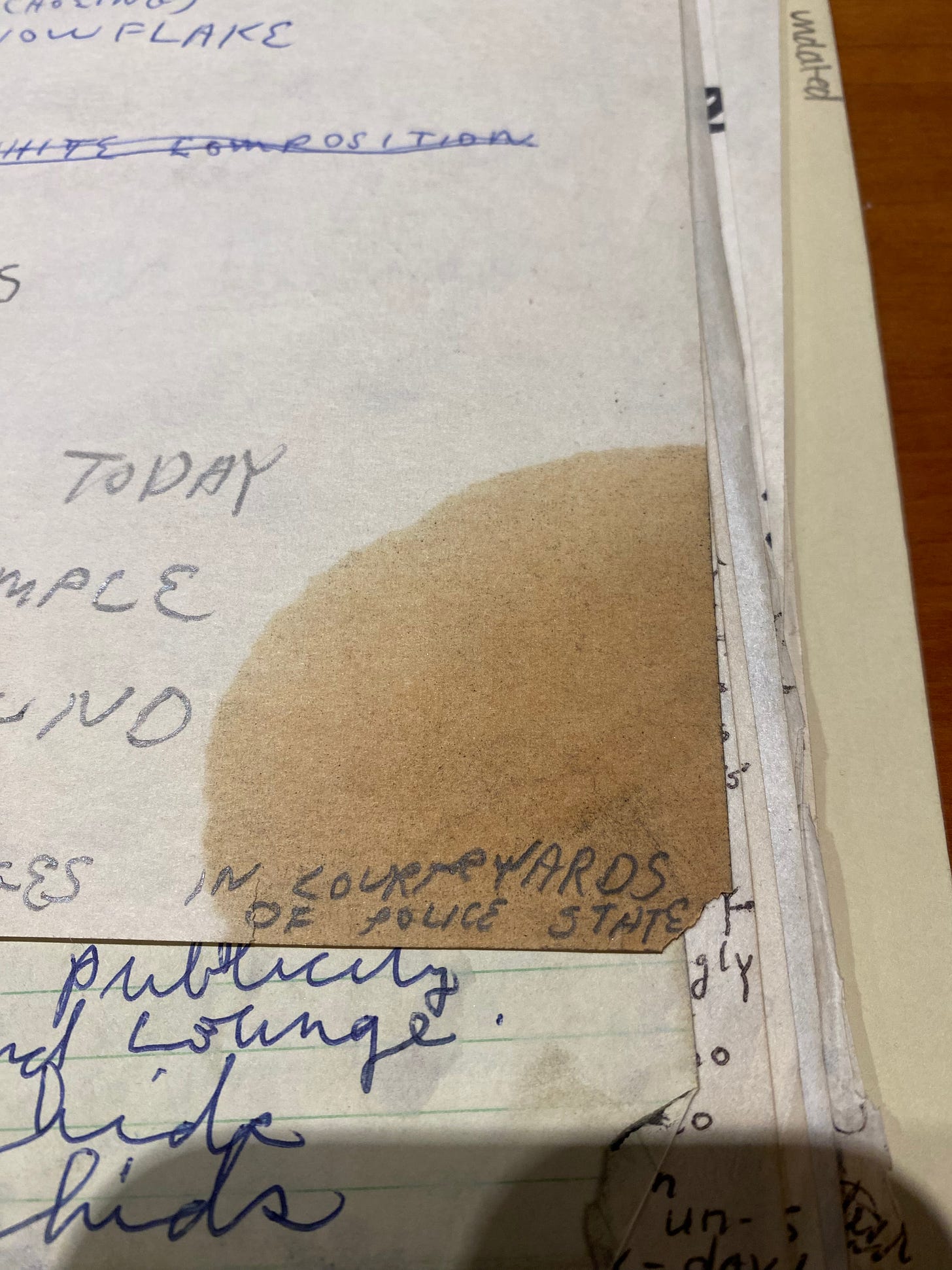 A stack of papers, the top with a big oil stain over handwriting that reads "In Courtyards of Police State"