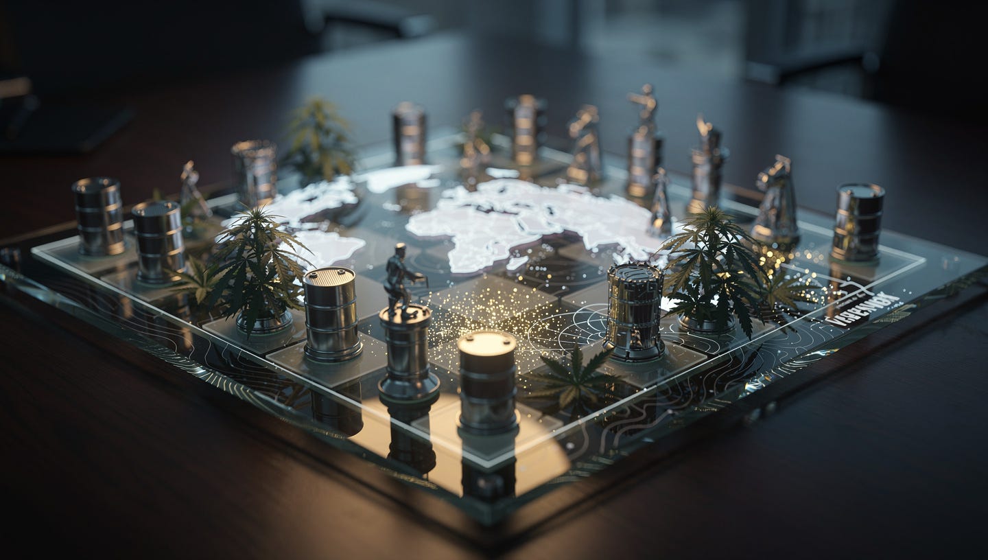 Una toma cinematográfica de ángulo bajo de un tablero de ajedrez de cristal situado sobre un escritorio de madera oscura. En lugar de piezas tradicionales, hay barriles de petróleo metálicos en miniatura y hojas de cannabis realistas dispuestas estratégicamente sobre las casillas. El tablero está superpuesto a un mapa holográfico y detallado que resalta el Ártico (Groenlandia) y Sudamérica (Venezuela) con sutiles puntos de luz brillante. Iluminación dramática estilo oficina de alto nivel, tonos azules y dorados, profundidad de campo, calidad 8k, estilo 'The Economist' o reportaje financiero premium. Una toma cinematográfica de ángulo bajo de un tablero de ajedrez de cristal situado sobre un escritorio de madera oscura. En lugar de piezas tradicionales, hay barriles de petróleo metálicos en miniatura y hojas de cannabis realistas dispuestas estratégicamente sobre las casillas. El tablero está superpuesto a un mapa holográfico y detallado que resalta el Ártico (Groenlandia) y Sudamérica (Venezuela) con sutiles puntos de luz brillante. Iluminación dramática estilo oficina de alto nivel, tonos azules y dorados, profundidad de campo, calidad 8k, estilo 'The Economist' o reportaje financiero premium.