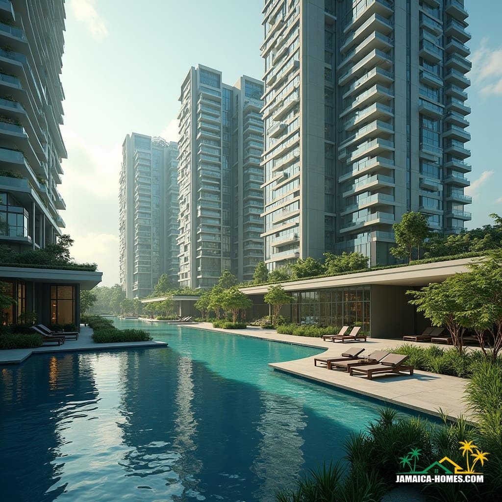 Modern development schemes in Kingston, Jamaica, are starting to embrace sleek, futuristic designs made from lots of glass, making buildings look open, bright, and reflective of the beautiful Caribbean surroundings. These developments often feature unique swimming pools—not only on the ground but also on the rooftops, offering amazing views of the city and the ocean. Rooftop pools add a luxury feel and make the most of space in urban areas where land is limited.
These buildings also focus on sustainability by including systems for water harvesting, which means they collect rainwater to use for things like watering plants or flushing toilets. Solar panels are installed on the roofs to capture the abundant Jamaican sunlight, turning it into electricity to power lights, appliances, and even air conditioning. On the ground floor, you’ll often find shops, cafes, and other small businesses that create a lively, convenient spot for residents and visitors to gather, dine, or shop. This blend of glass architecture, rooftop pools, and eco-friendly features makes these new developments both stylish and environmentally responsible, perfectly suited for modern living in Kingston.